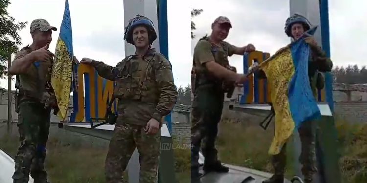 Ushtarët e Ukrainës ngrenë flamurin e vendit në qytetin e Lymanit